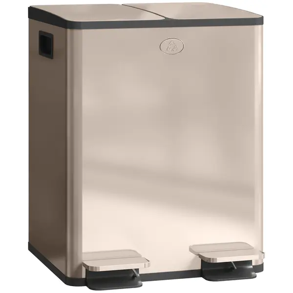 HOMCOM Coș de gunoi pentru bucătărie 2 compartimente 2 x 20L, oțel inoxidabil, capac cu închidere silențioasă, 45,8x36x51,6cm, auriu | Aosom Romania