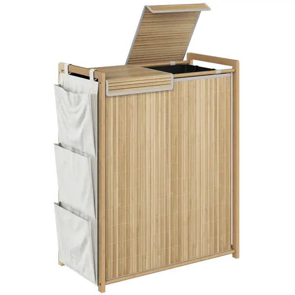 HOMCOM Coș de rufe din bambus cu capac 120 L cu 2 pungi cu șnur detașabile și lavabile buzunare laterale natural | Aosom Romania