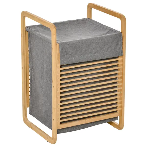 HOMCOM Coș de Rufe Stil Nordic, Mobilier Baie din Bambus și Pânză, Sac Detașabil, 40x35.5x60.5cm, Lemn și Gri | Aosom Romania
