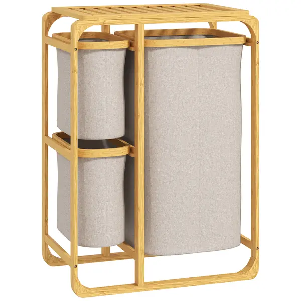 HOMCOM Coș pentru Rufe cu 3 Saci și Rafturi Detașabile din Material Textil din Bambus, 50x32x69,7 cm, Alb Crem | Aosom Romania