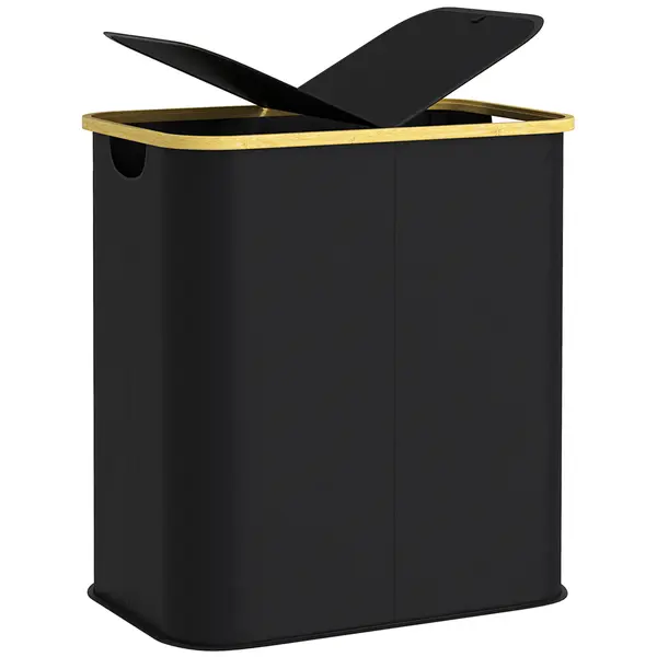 HOMCOM Coș pentru Rufe de 80L cu 2 Secțiuni și Capac din Material Textil și Bambus, 54x34x58,5 cm, Negru | Aosom Romania