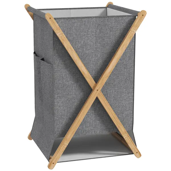HOMCOM Coș Pliabil pentru Rufe 55L din Material Textil și Cadru din Bambus pentru Cameră și Spălătorie, 41x41x64 cm, Gri | Aosom Romania