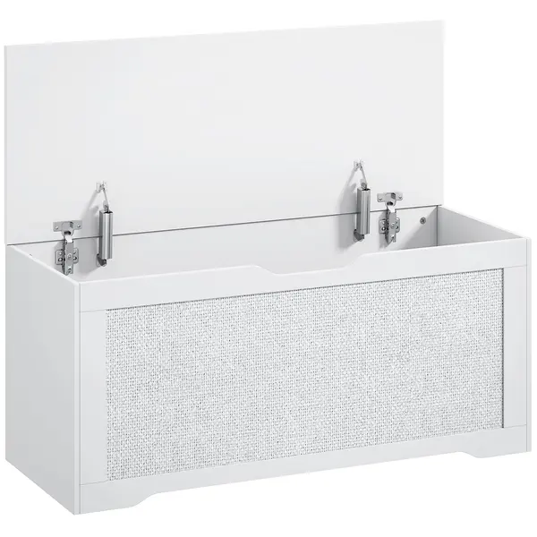 HOMCOM Cufăr de depozitare 108 L Bancă de depozitare cu panou din ratán Capac Brațe de susținere pentru hol 80x40x45cm Alb | Aosom Romania