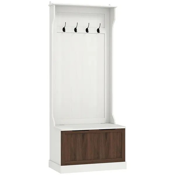 HOMCOM Cuier de Intrare 3 în 1 cu 4 Cârlige, Etajeră pentru Pantofi și Bancă Depozitare, 71,5x39,5x170 cm, Maro | Aosom Romania