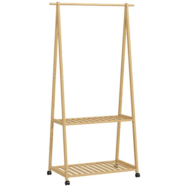 HOMCOM Cuier din Bambus cu Raft pentru Încălțăminte, 2 Cârlige, Cuier Mobil pentru Hol, Sufragerie, Natural | Aosom Romania