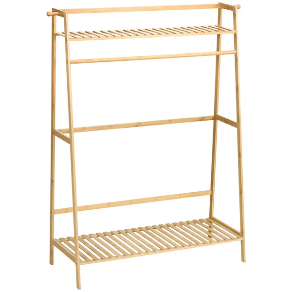 HOMCOM Cuier din Bambus pe 2 Nivele cu Bară și 2 Cârlige, Design Modern, pentru Hol, 114x40x139 cm, Lemn Natur | Aosom Romania