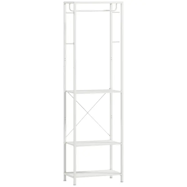 HOMCOM Cuiere de Intrare cu Suport pentru Încălțăminte, Bară pentru Haine, 4 Cârlige, Raft Superior și 2 Rafturi pentru Încălțăminte, 52x30x180 cm, Alb | Aosom Romania