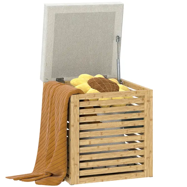 HOMCOM Cutie de depozitare scaun de depozitare 54.76 L design lamelar cadru din bambus natural 40 x 40 x 47 cm lemn natural | Aosom Romania