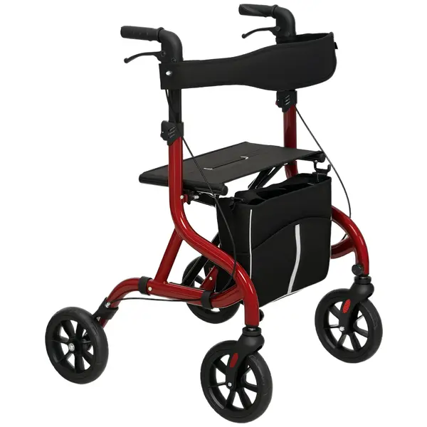 HOMCOM Deambulator cu Scaun și Spătar pentru Vârstnici Pliabil, Reglabil pe Înălțime, Suport pentru Baston, Roșu | Aosom Romania