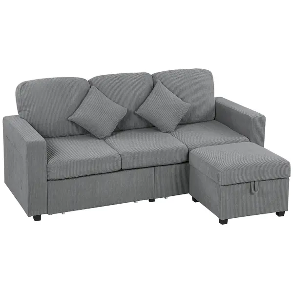 HOMCOM Divan 3 Locuri cu Pouf de Depozitare din Velur cu Nervuri 196x139x85 cm, Gri | Aosom Romania