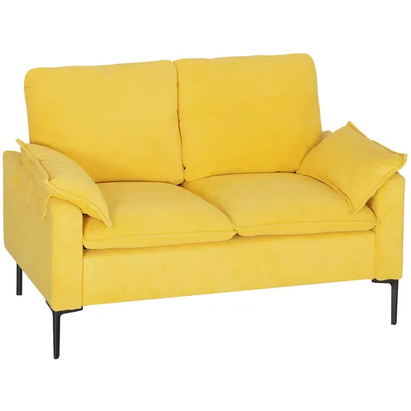 HOMCOM Divan cu Două Locuri Îmbunătățit în Material Textil de Tip Spugna cu Perne Detașabile, Divan Compact Modern cu Brațe și Picioare Metalice pentru Sufragerie, Dormitor, 130x77x84 cm, Galben | Aosom Romania
