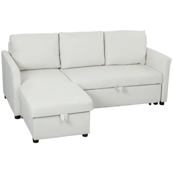 HOMCOM Divan Extensibil pentru 3 Persoane cu Șezlong Convertibil, Divan Rabatabil cu Compartiment de Depozitare și 3 Perne Detașabile, Material Textil cu Efect de In, Living, 192x148x86cm, Crem | Aosom Romania