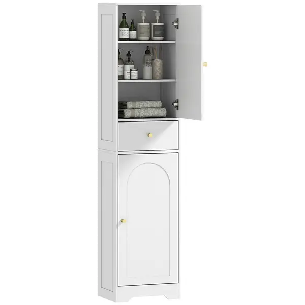 HOMCOM Dulap baie înalt, mobilier depozitare coloană cu dulapuri, sertar și rafturi reglabile 40x29,5x170cm alb | Aosom Romania