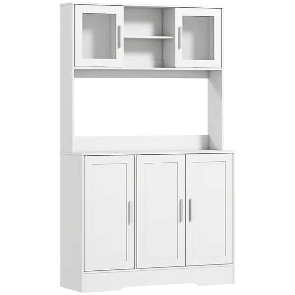 HOMCOM Dulap Bucătărie de 180cm, Dulap Înalt cu 4 Compartimente, Uși din Sticlă Securizată, 2 Rafturi Deschise, Rafturi Reglabile, Blat pentru Electrocasnice, pentru Bucătărie sau Living, Alb | Aosom Romania