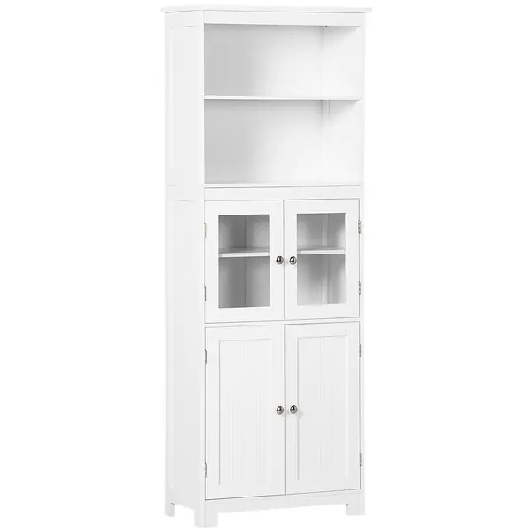 HOMCOM Dulap Camara Bucătărie, 2 Rafturi Deschise, 2 Dulapuri cu Uși, MDF și Sticlă Securizată, 60x30x162 cm, Alb | Aosom Romania
