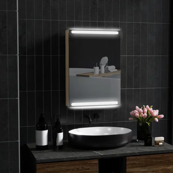 HOMCOM Dulap cu oglindă pentru baie cu lumini LED și rafturi din sticlă reglabile, montat pe perete 50x12,5x70cm, lemn natural | Aosom Romania