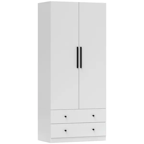 HOMCOM Dulap cu Uși, Zonă de Atârnare, Bară de Haine, 2 Sertare, Placă de Particule, Alb | Aosom Romania