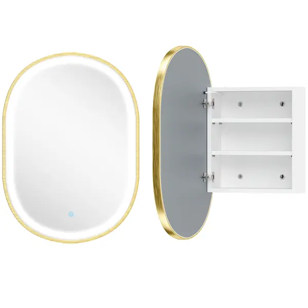 HOMCOM Dulap de Baie cu Oglindă și Lumini LED de 3 Culori Dulap de Perete Oval cu Funcție Memorie și Antiaburire Auriu | Aosom Romania
