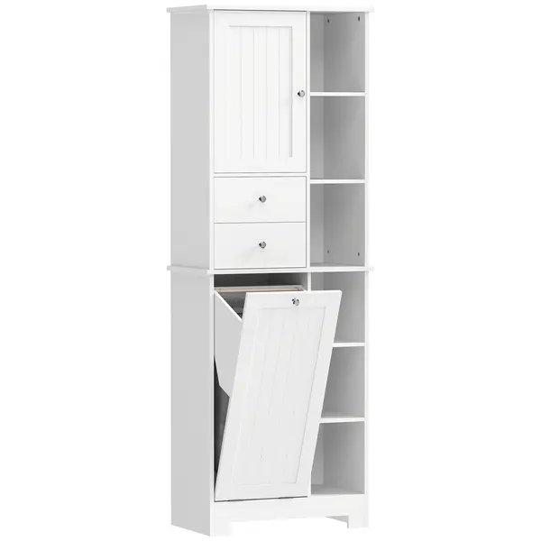HOMCOM Dulap de baie înalt de 171 cm, dulap îngust cu coș de rufe extensibil, 2 sertare, Alb | Aosom Romania