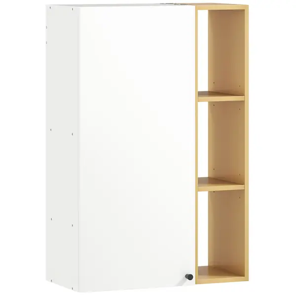 HOMCOM Dulap de Baie Suspendat cu Uși Soft Close, Dulap de Baie Suspendat cu Rafturi Reglabile și 3 Rafturi Deschise, 59.5x30x90 cm, Alb și Culoare Lemn | Aosom Romania