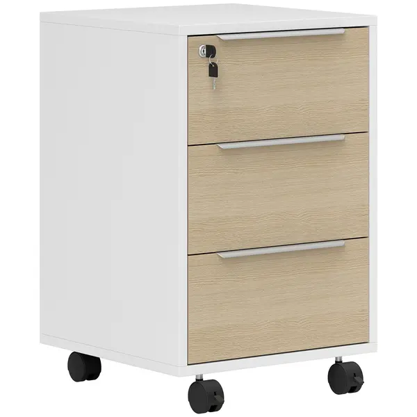 HOMCOM Dulap de Birou cu 3 Sertare, 4 Roți, Comodă de Birou cu Sistem de Blocare și 2 Chei pentru Documente Format A4, Dulap Vertical pentru Studiu, 40x40x63.5 cm, Alb și Stejar | Aosom Romania