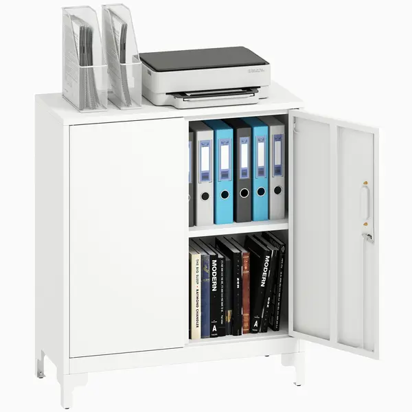 HOMCOM Dulap de birou din metal, uși cu închidere, comodă de birou, design în 2 nivele, Alb | Aosom Romania