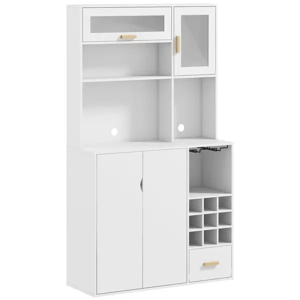 HOMCOM Dulap de Bucătărie cu Depozit de Vinuri, Bufet cu Cabină, Blat cu Microunde, Sertar, Poliță, Uși din Sticlă, 100x38x172 cm, Alb | Aosom Romania