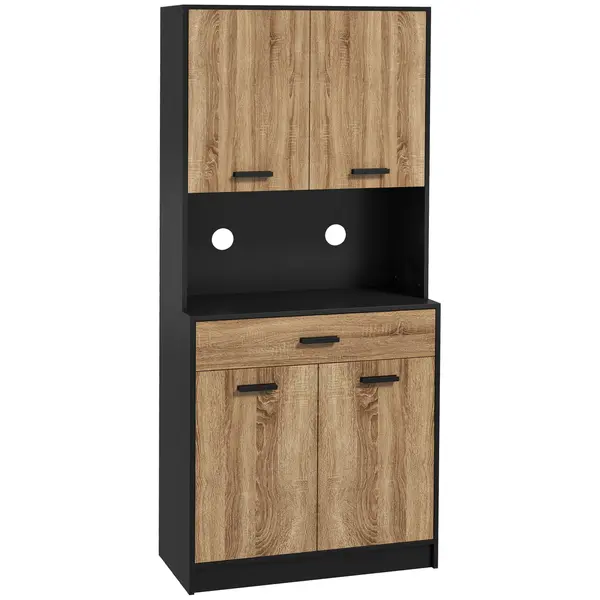 HOMCOM Dulap de bucătărie din lemn cu 2 dulapuri cu 2 uși și sertar, 80x40x180 cm, negru și culoare lemn | Aosom Romania
