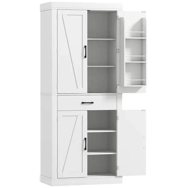 HOMCOM Dulap de bucătărie în stil country cu 2 dulapuri, 6 rafturi și un sertar, din lemn, 76x39,5x183,5 cm, alb | Aosom Romania