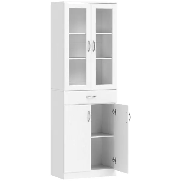 HOMCOM Dulap de Bucătărie Înalt 180 cm cu Uși din Sticlă Soft-Close, Sertar și 2 Dulapuri, Polițe Reglabile, Alb | Aosom Romania
