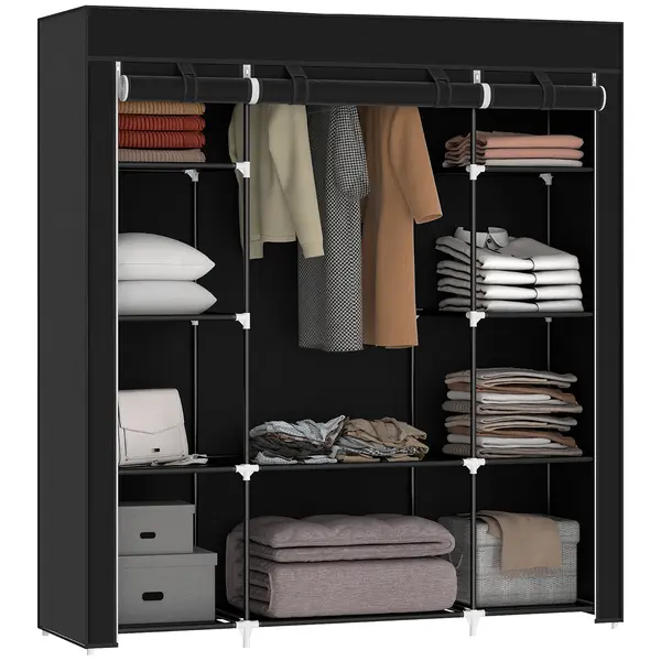HOMCOM Dulap de depozitare penderie din material textil pliabil cu bara de suspendare si rafturi, 150 x 43 x 162,5 cm, negru | Aosom Romania