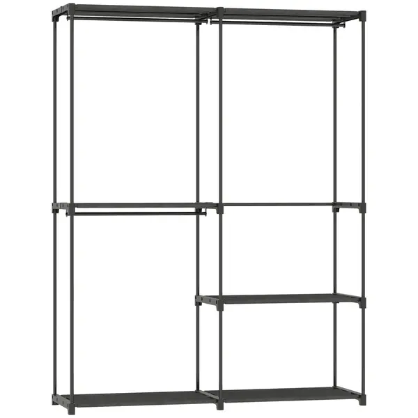 HOMCOM Dulap de Haine cu 2 Bare și 4 Rafturi, din Material Non-Țesut, Plastic și Oțel, 142x43x185 cm, Negru | Aosom Romania
