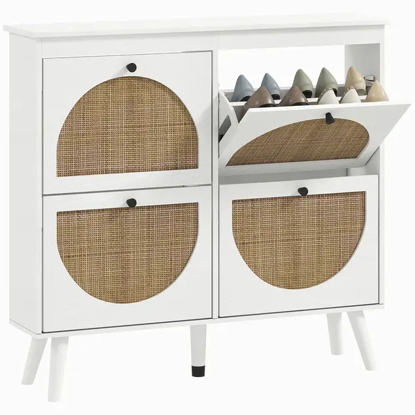 HOMCOM Dulap de pantofi 4 plier 20 de perechi raft ajustabil stil boem picioare din lemn masiv 105 x 24 x 97.5 cm alb | Aosom Romania