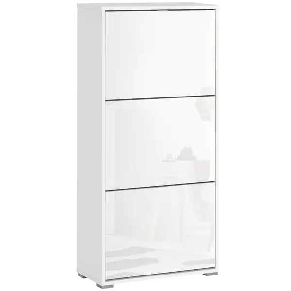 HOMCOM Dulap de Pantofi Dulap de pantofi cu 3 uși rabatabile 3 Compartimente din lemn 60L x 26l x 124Î cm Alb lucios | Aosom Romania