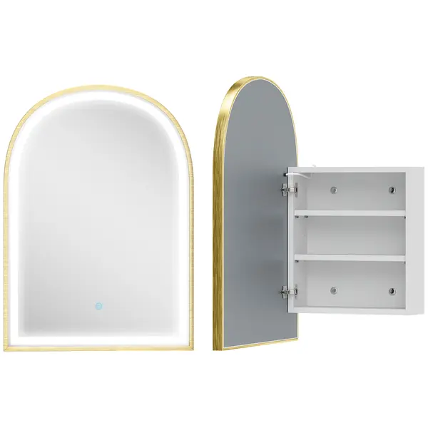 HOMCOM Dulap de perete pentru baie cu oglindă și iluminare LED, ușă arcuită, anti-abur, 50x14,5x70cm, auriu | Aosom Romania