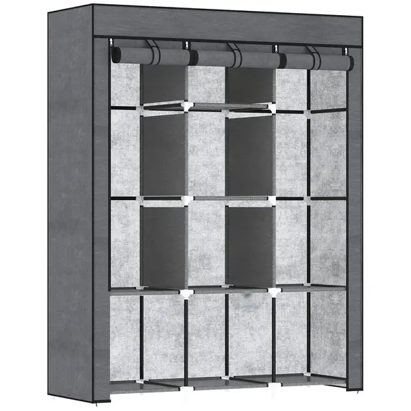 HOMCOM Dulap din Material Textil cu Bază Înălțată, 8 Rafturi și 2 Bare, 125x43x162.5 cm, Gri Închis | Aosom Romania