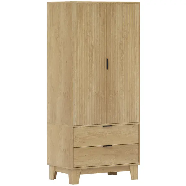 HOMCOM Dulap dormitor cu 2 uși cu închidere silențioasă, 2 sertare și bară de agățare, 80x50x180cm, lemn natural | Aosom Romania
