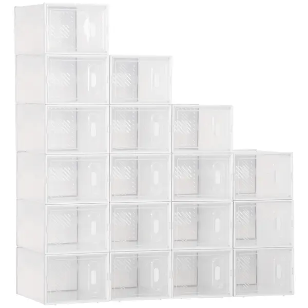 HOMCOM Dulap Dreptunghiular pentru Încălțăminte, Economisire Spațiu, 18 Cutii Transparente din Plastic PP, 25x35x19 cm | Aosom Romania