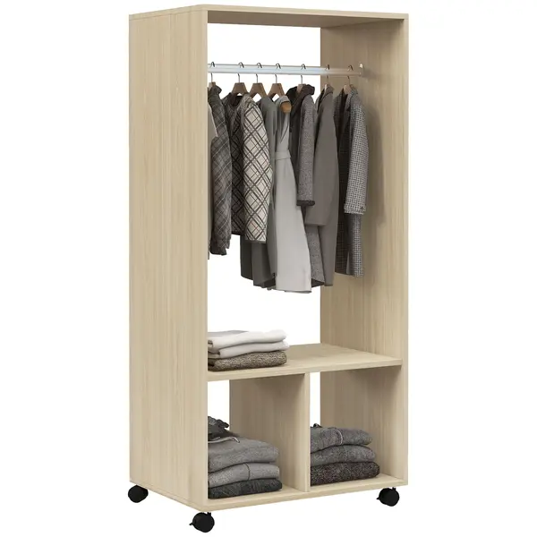 HOMCOM Dulap dressing cu rafturi 2 compartimente cu 4 rotile pivotante dim. 60L x 40l x 128H cm lemn natural | Aosom Romania