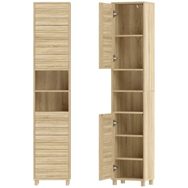 HOMCOM Dulap înalt pentru baie cu rafturi reglabile, uși cu lamele, deschidere prin apăsare, 34x23x170 cm, Natural | Aosom Romania