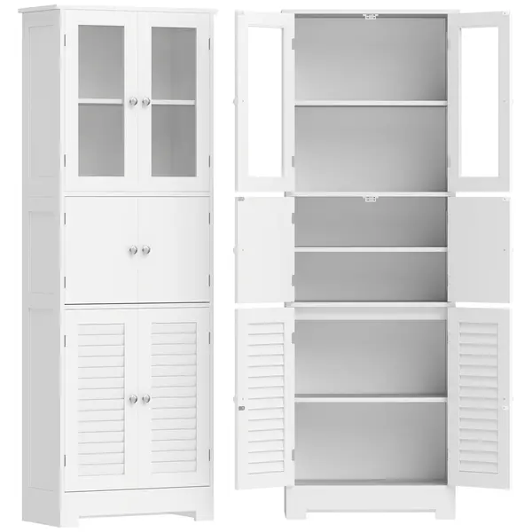 HOMCOM Dulap înalt pentru baie, mobilier de depozitare cu 6 uși dintre care 2 vitrate și 2 tip persiană, raft reglabil, alb | Aosom Romania