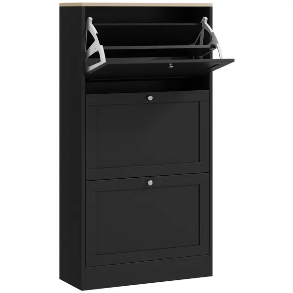 HOMCOM Dulap Îngust pentru Pantofi cu 3 Sertare și Rafturi Reglabile pe 2 Niveluri, 60x23,5x115 cm, Negru | Aosom Romania