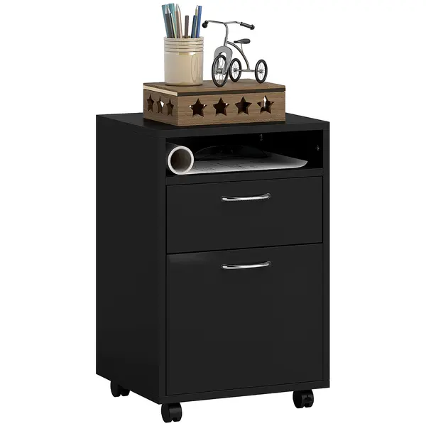 HOMCOM Dulap Mobil cu 4 Roți (2 cu Frână), Raft și 2 Sertare pentru Documente, PAL și Metal, 40x35x60 cm, Negru | Aosom Romania