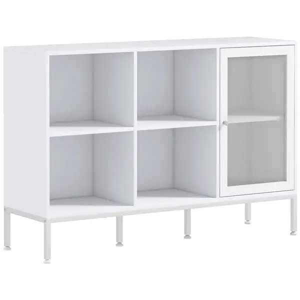 HOMCOM Dulap Modern de Depozitare cu Ușă din Plasă, 4 Compartimente Deschise și Raft Reglabil, 120x37x81.5 cm, Alb | Aosom Romania