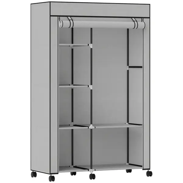 HOMCOM Dulap-penderie din material textil, mobilier de depozitare, 6 roți, bară pentru haine și rafturi deschise, 103x43x162,5cm gri | Aosom Romania