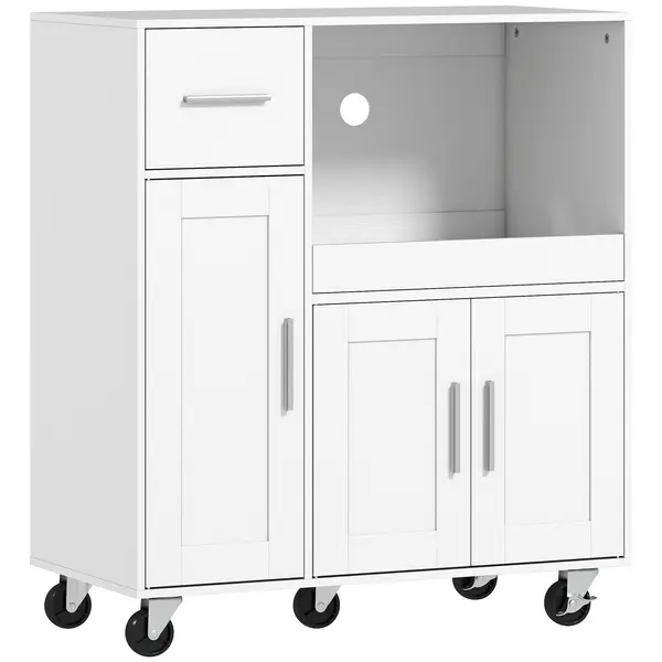 HOMCOM Dulap pentru cuptorul cu microunde din lemn, cu sertar, 2 dulapuri, raft deschis și blat ajustabil, 80x40x88.7 cm, alb | Aosom Romania