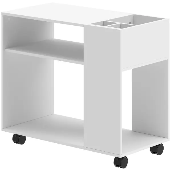 HOMCOM Dulap pentru Imprimantă cu Roți, Dulap Multifuncțional cu Compartimente Deschise, Raft și Spațiu de Depozitare, Noptieră pentru Living, Cameră sau Birou, 70x36x60 cm, Alb | Aosom Romania