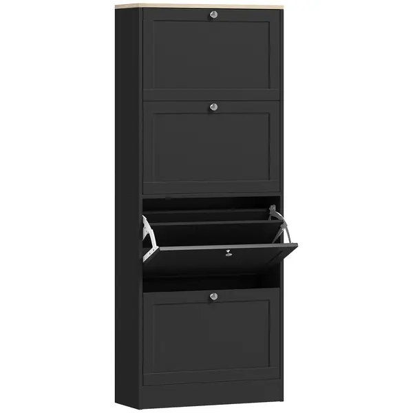 HOMCOM Dulap pentru încălțăminte 24 perechi, dulap cu 4 sertare rabatabile, etajere reglabile, 60x23,5x151cm, negru | Aosom Romania