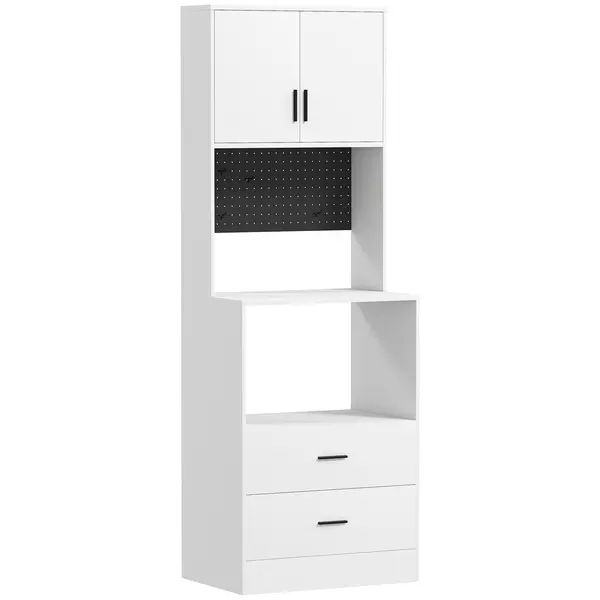 HOMCOM Dulap pentru Microunde cu Dulap, Blat de Lucru, Mobilă de Bucătărie cu 2 Sertare, Panou Metalic, 4 Cârlige, Raft Reglabil pentru Bucătărie, Sală de Masă, Living, Alb | Aosom Romania