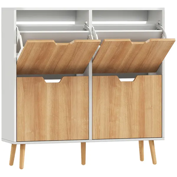 HOMCOM Dulap pentru pantofi 4 uși rabatabile 16 perechi cu etajeră reglabilă picioare din lemn de pin 95 x 26 x 95 cm natural | Aosom Romania